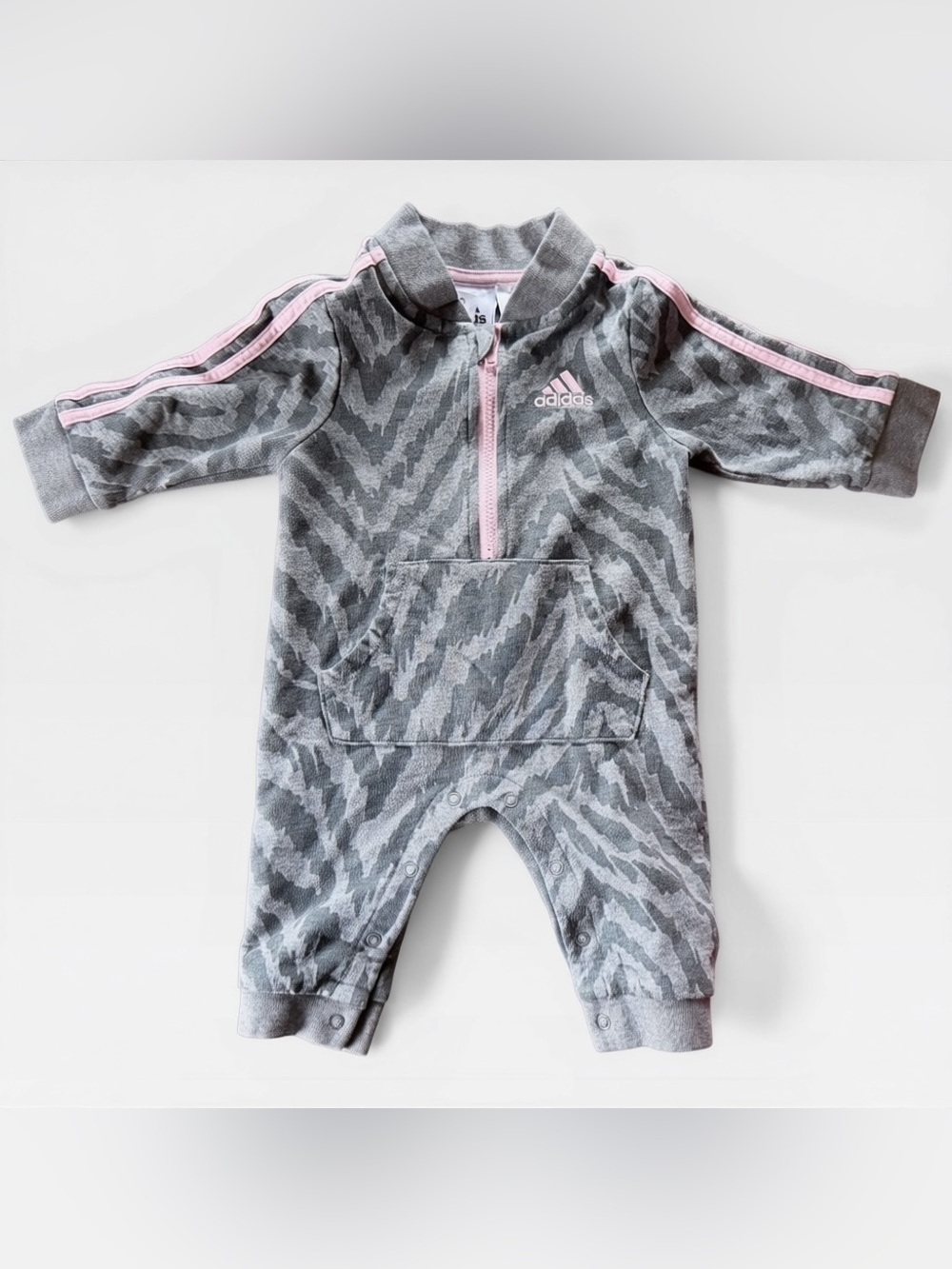 adidas Infant Gray One Piece with Pink Trim and Stripe Accents 3 months